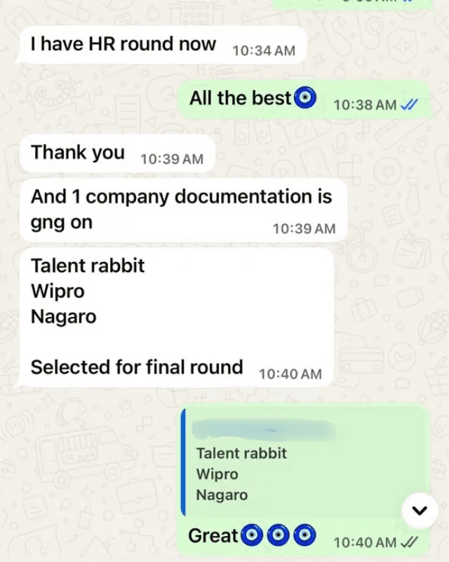 Authentic WhatsApp screenshot: Selected for Final Round & Documentation