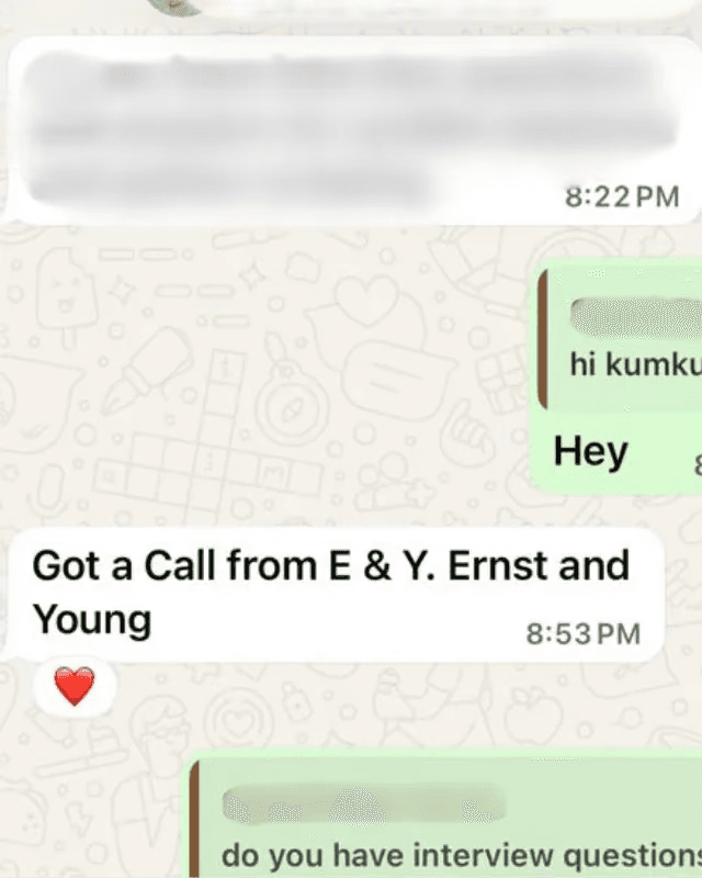 Authentic WhatsApp screenshot: Ernst & Young (EY) Selection Call