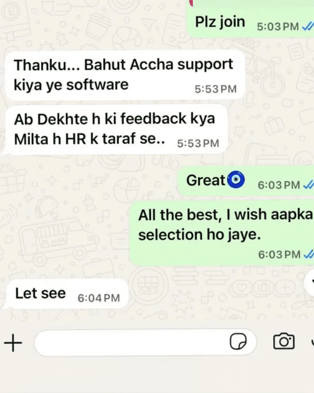 Authentic WhatsApp screenshot: HR Round Feedback & Live Support