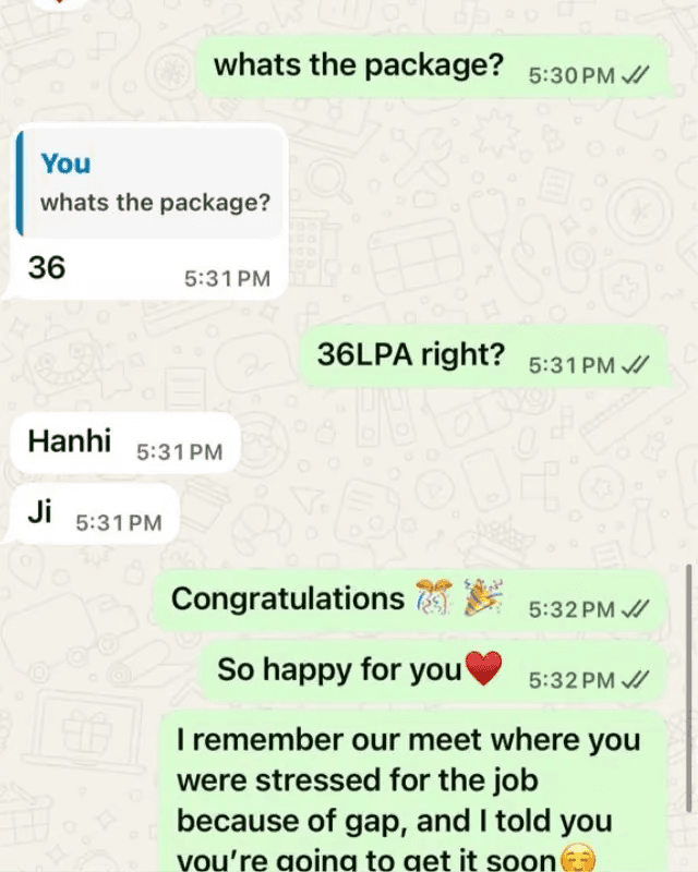 Authentic WhatsApp screenshot: ₹36 LPA Package Signed After Career Gap