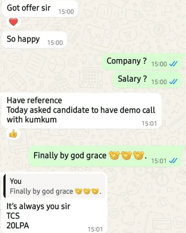 Authentic WhatsApp screenshot: TCS 20 LPA Offer Released
