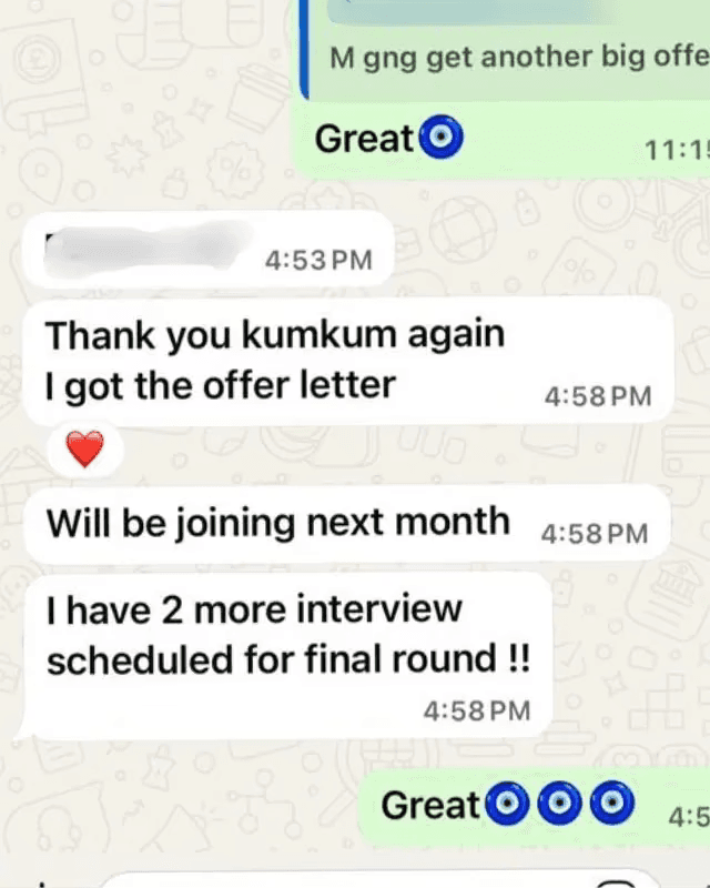 Authentic WhatsApp screenshot: Offer Signed • Joining Next Month + 2 More Finals